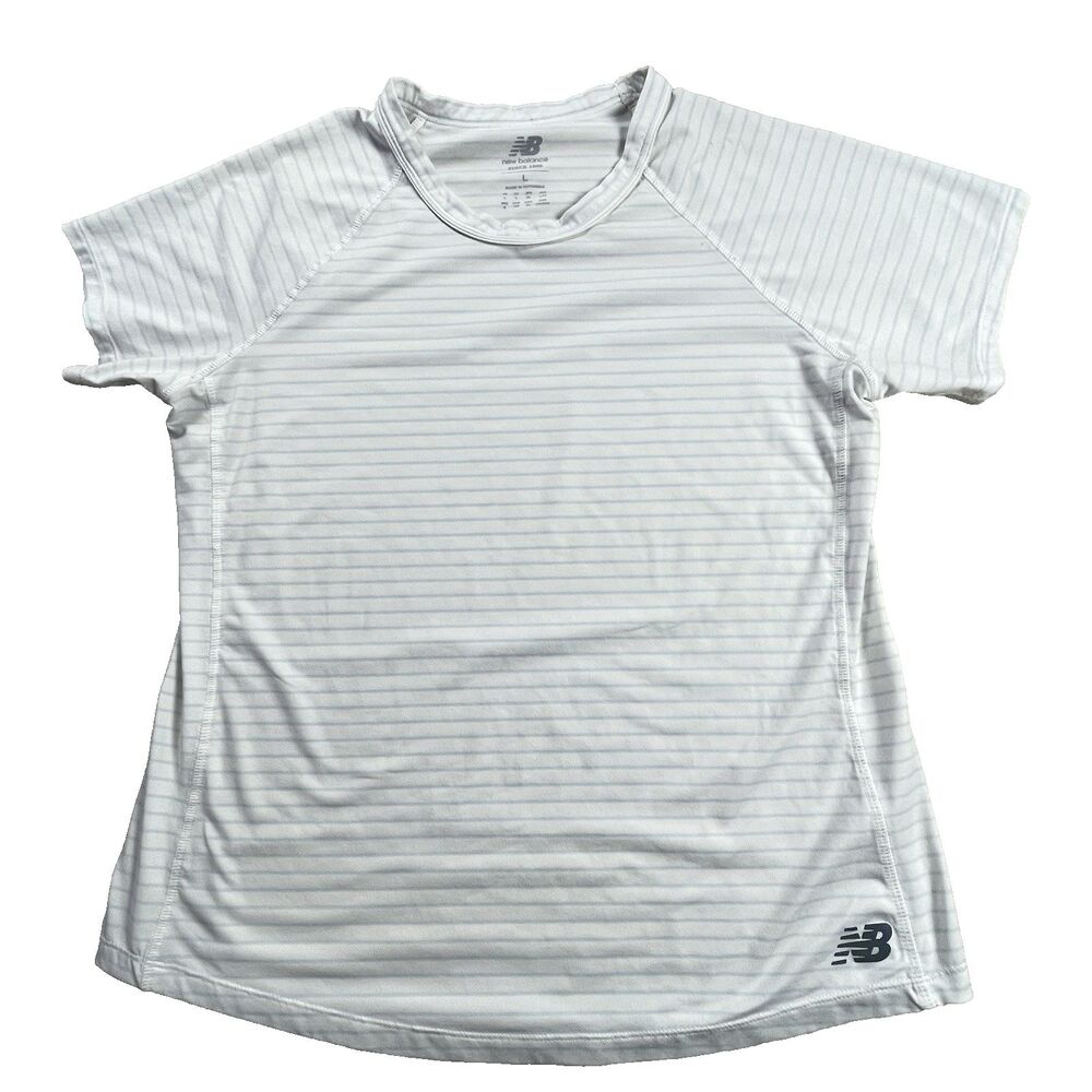 New Balance Shirt Top Womens Large Performance NB Dry White Striped Work Out Gym